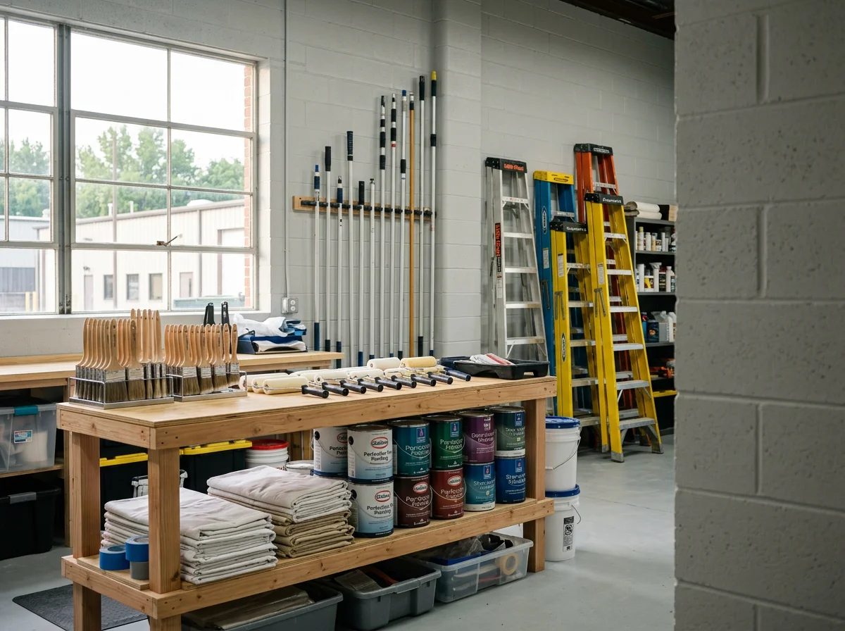 Professional painting crew with brushes, rollers, and supplies ready for interior and exterior work.