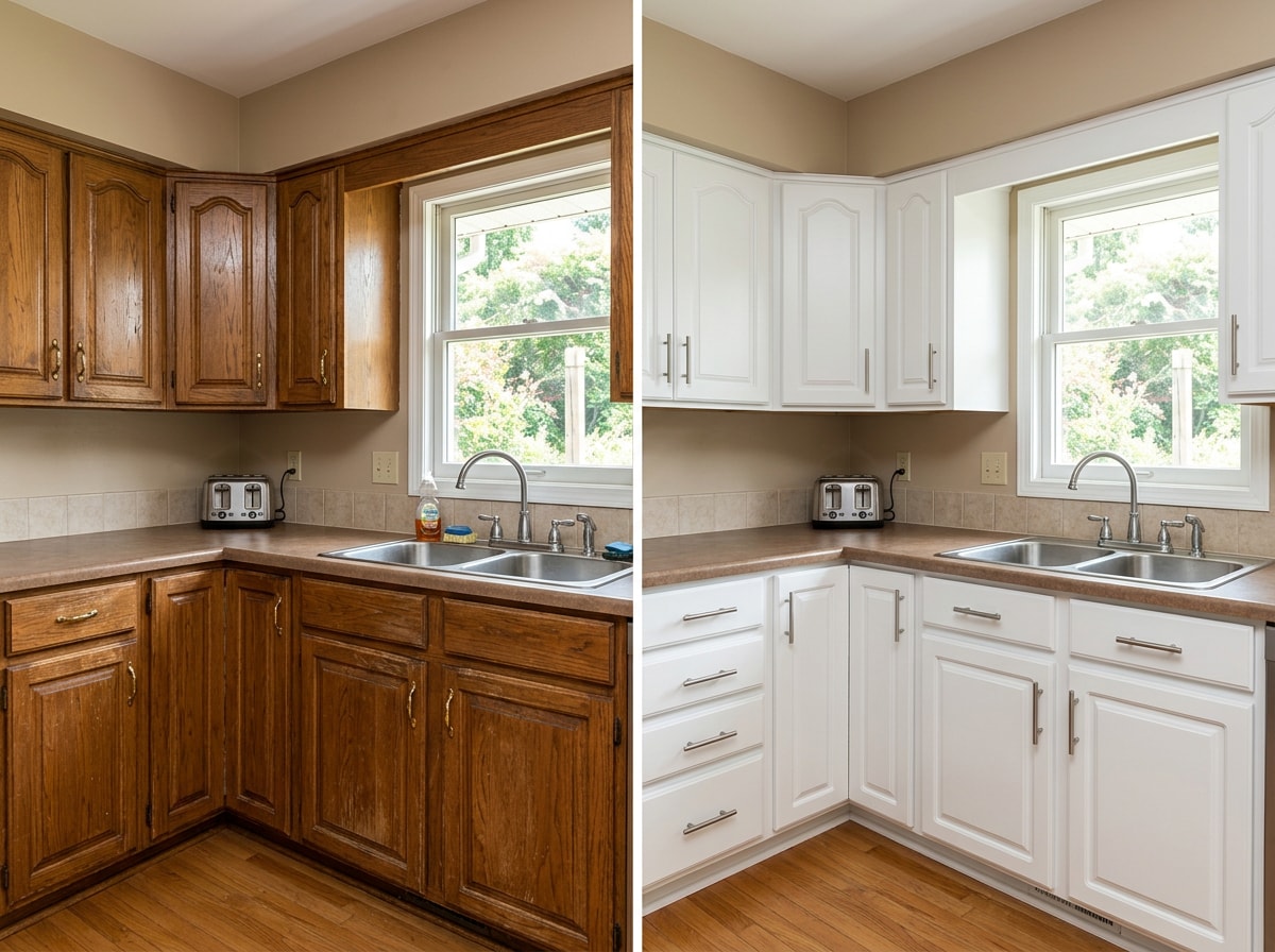 Before and after kitchen cabinet painting in a Strasburg, VA home showing freshly painted white cabinets