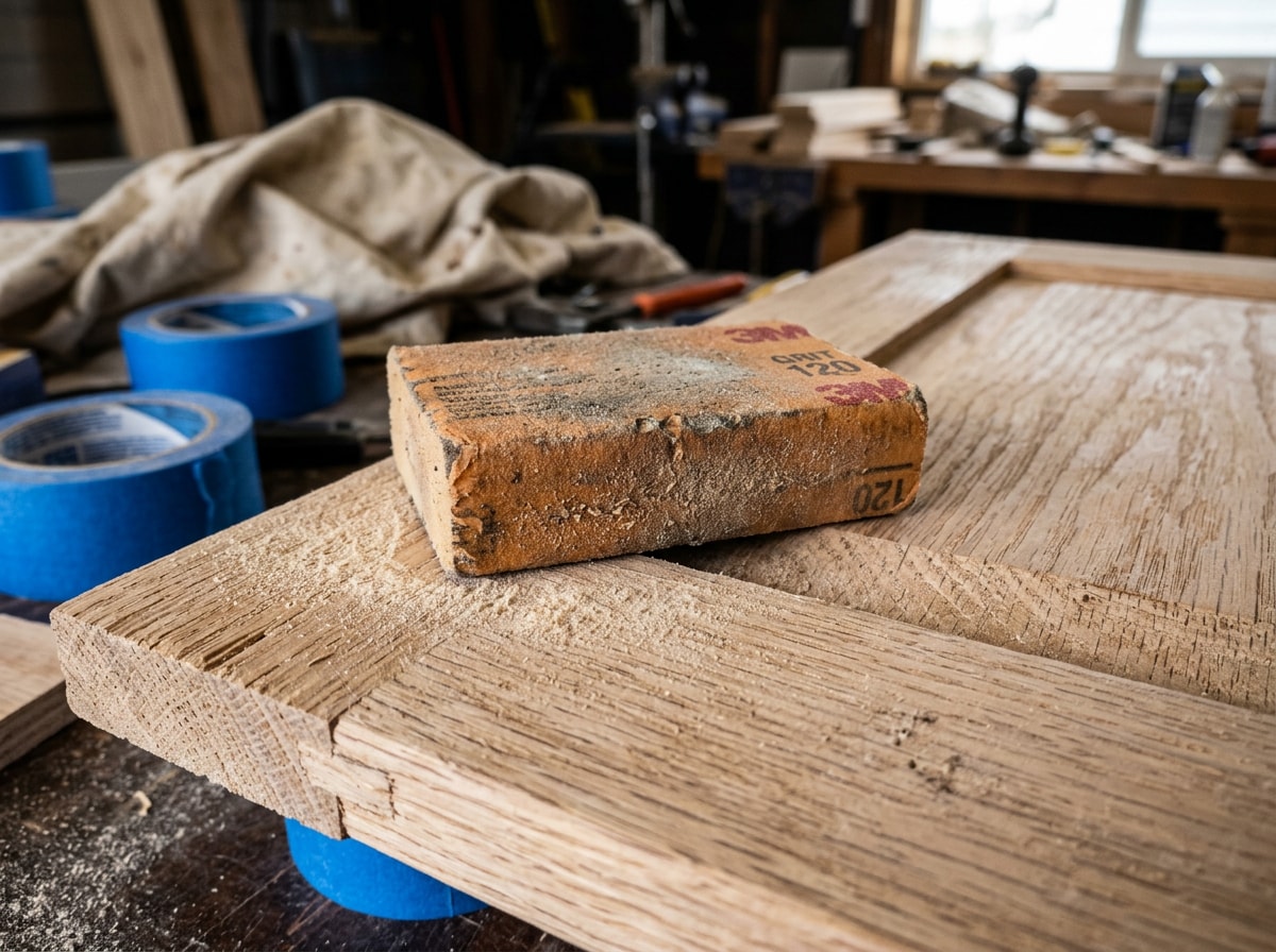 Close-up of hands sanding kitchen cabinet doors as part of professional prep work before painting
