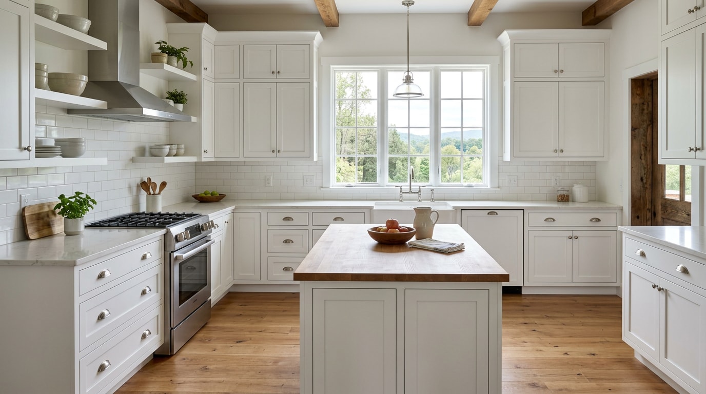 Freshly painted white shaker kitchen cabinets in a Strasburg, VA home