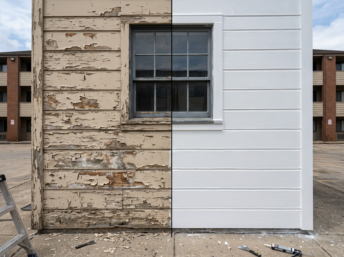 Before and after view of commercial building exterior prep work showing scraped and repaired siding