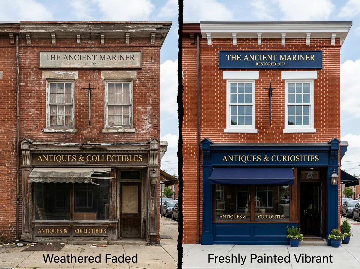 Weathered commercial building facade next to a freshly painted exterior showing the difference in curb appeal