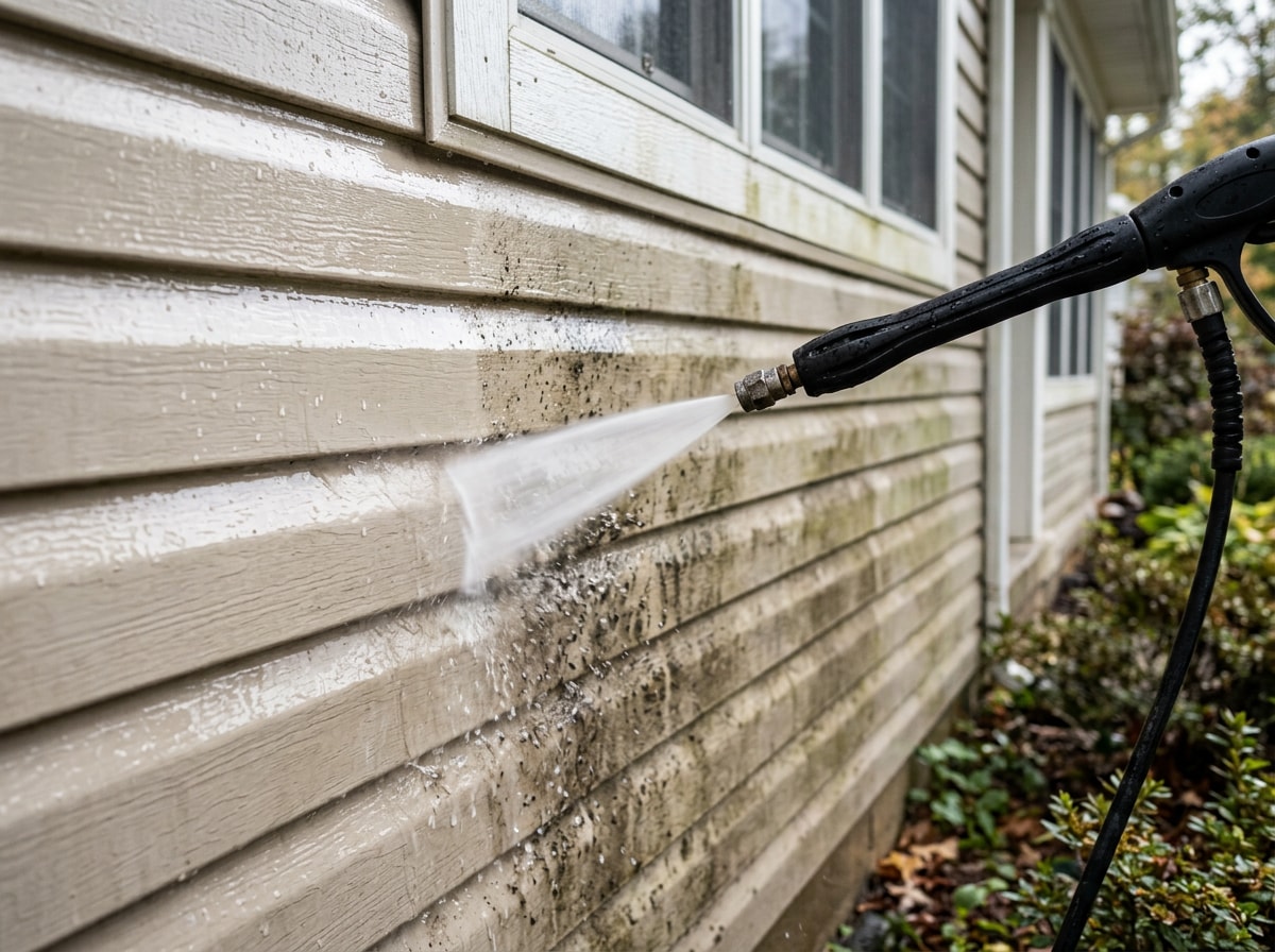 Power washing in progress on home siding before an exterior paint job in Winchester, VA