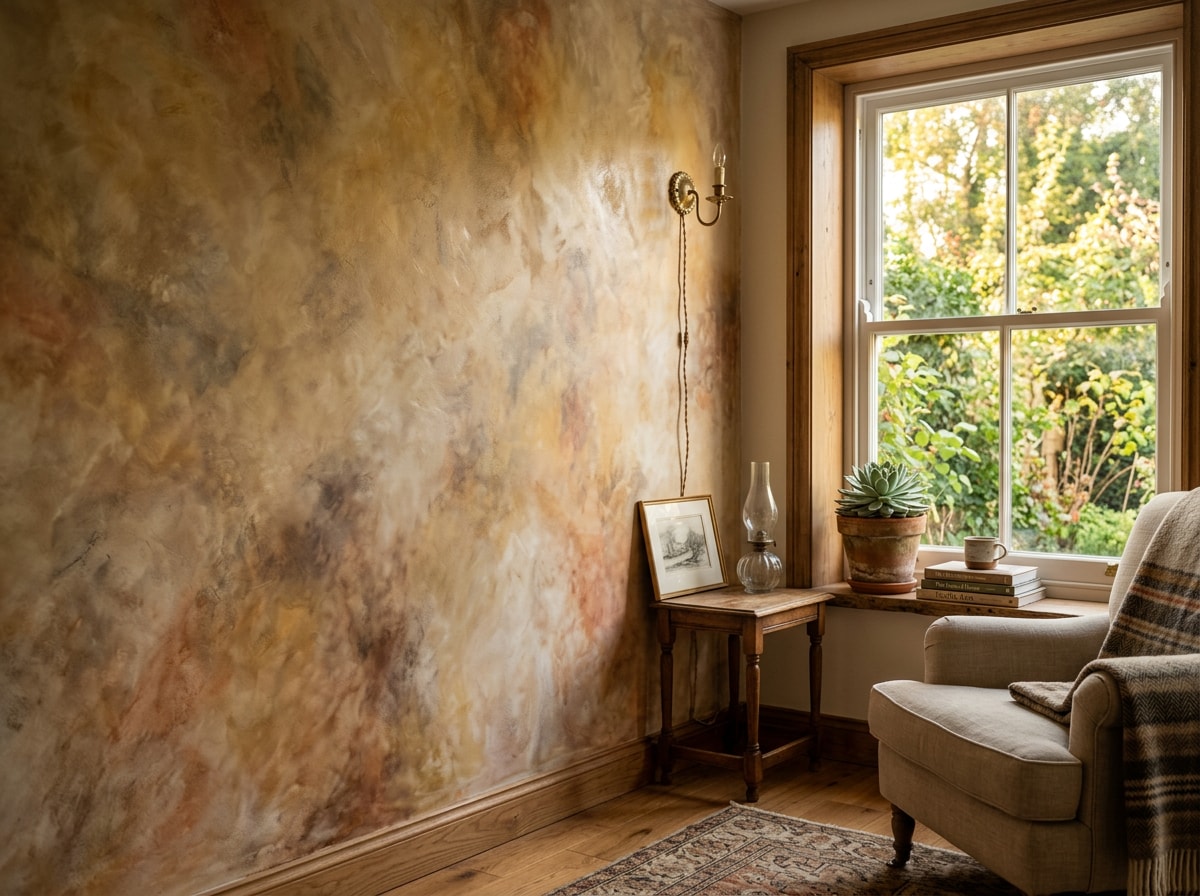 Freshly finished faux painted accent wall in a Front Royal, VA living room