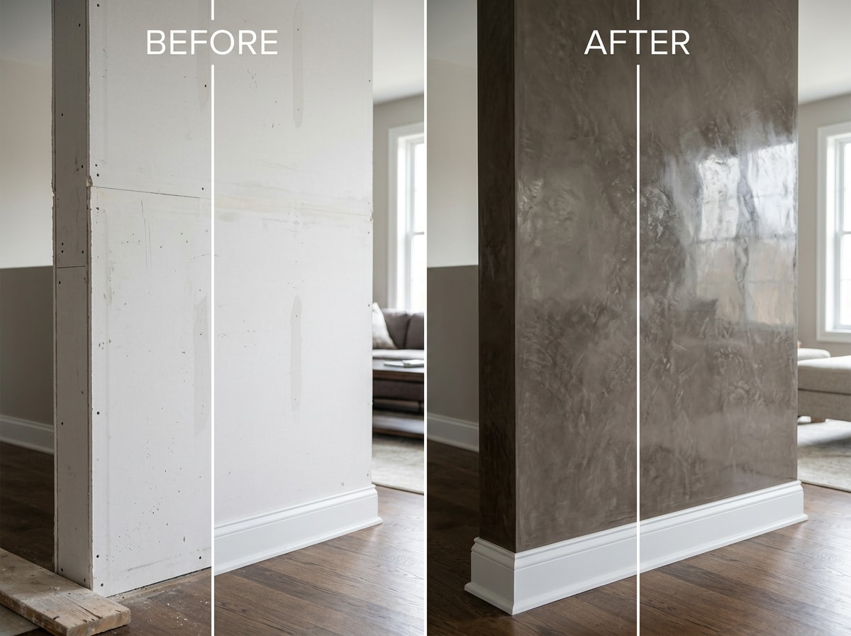 Before and after Venetian plaster wall finish transformation