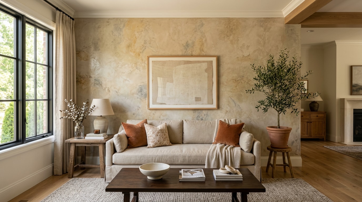 Venetian plaster faux finish accent wall in a Front Royal, VA living room Venetian plaster faux finish accent wall in a Front Royal, VA living room