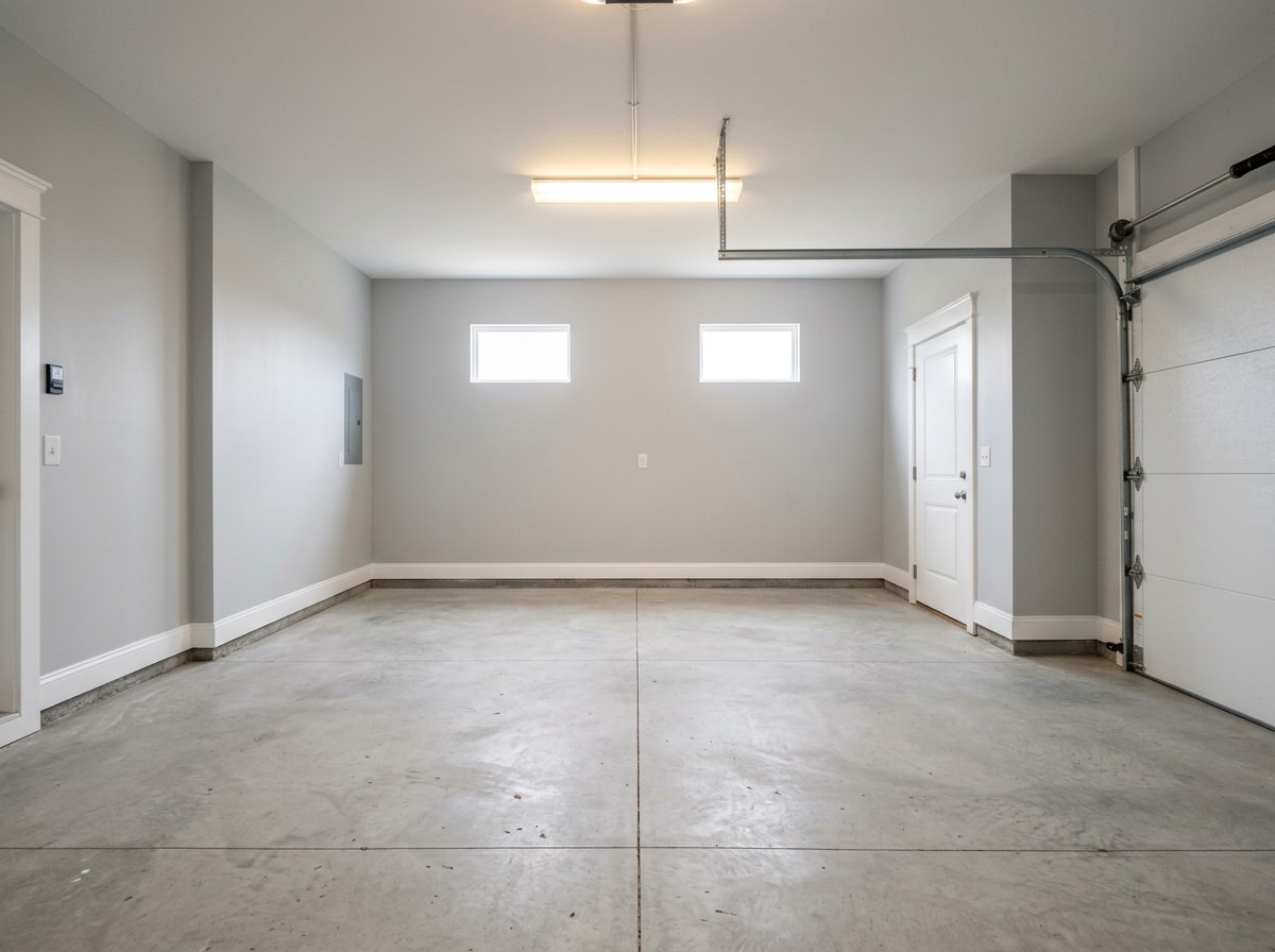 Freshly painted two-car garage interior with light gray walls and white trim in Berryville, VA