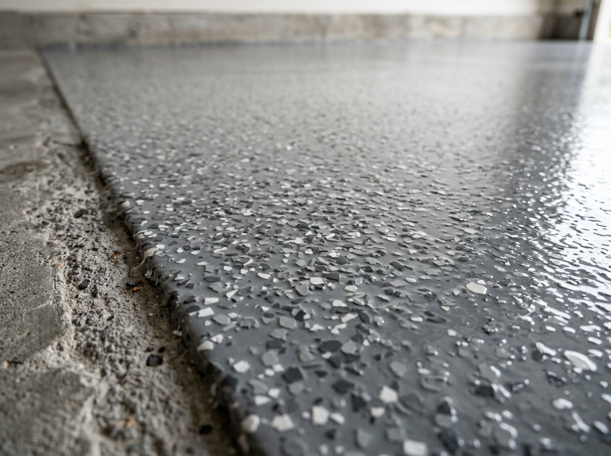 Close-up of a gray epoxy garage floor coating with a slight decorative flake finish