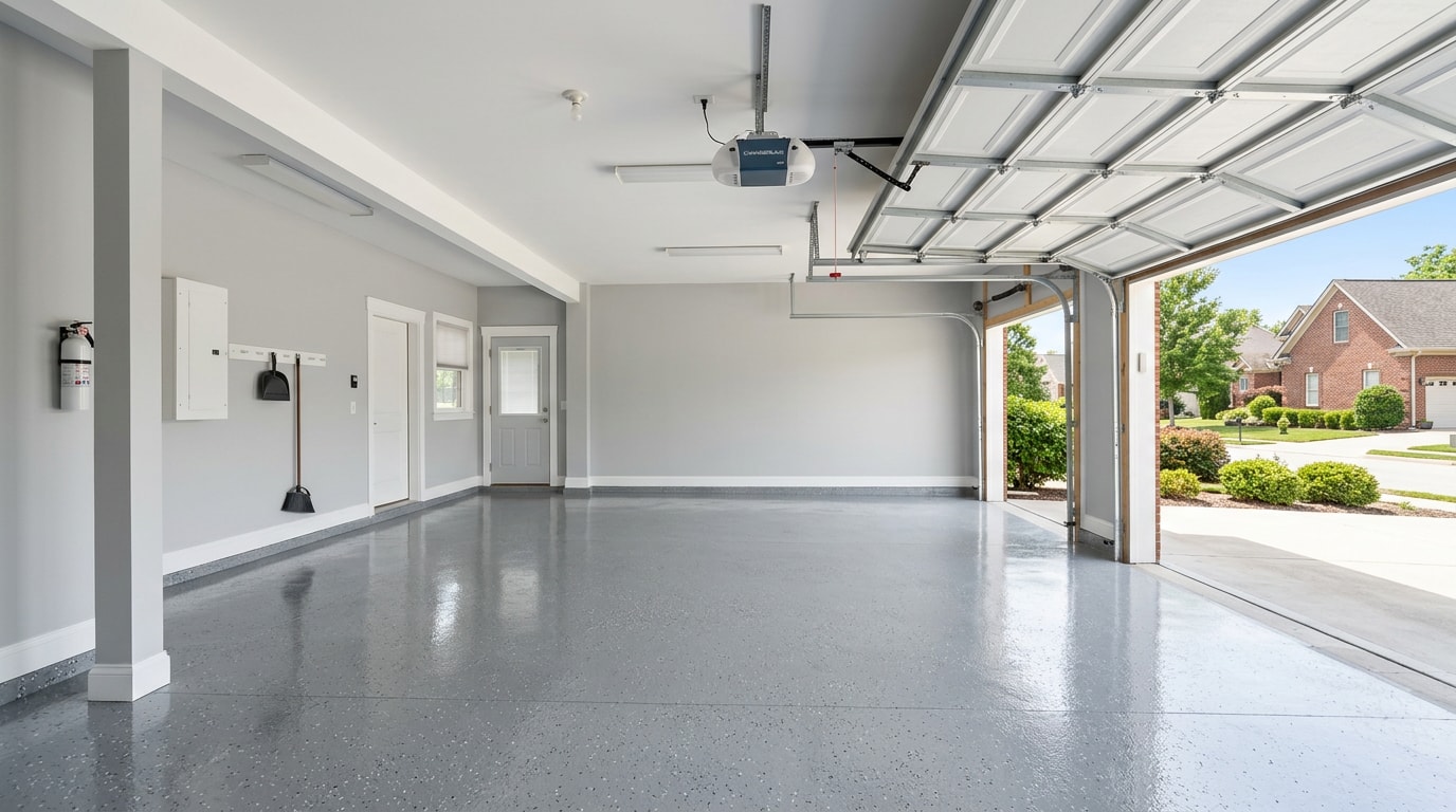 Freshly painted two-car garage with gray walls and epoxy-coated floor in Berryville, VA Freshly painted two-car garage with gray walls and epoxy-coated floor in Berryville, VA