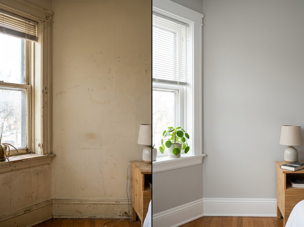 Before and after interior painting project showing freshly painted walls and trim in a Winchester home