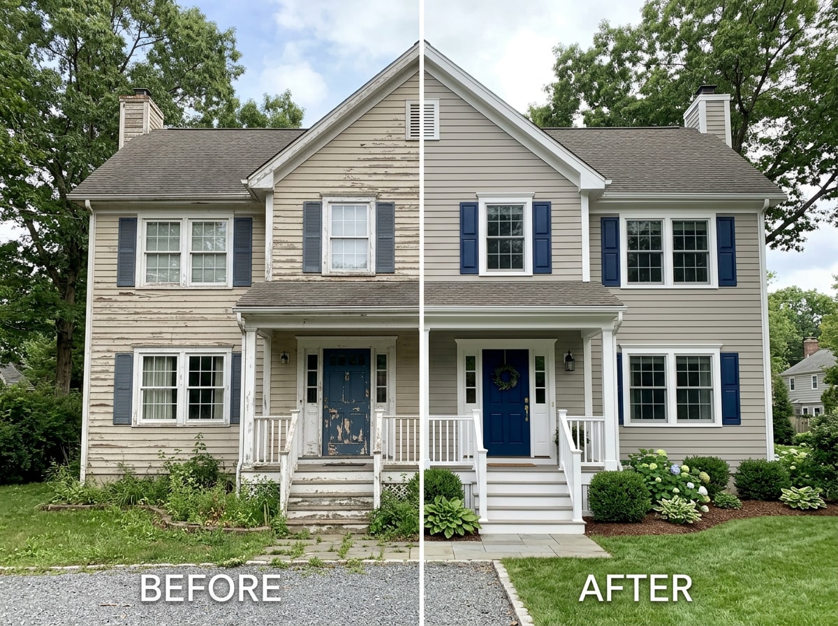 Exterior house painting before and after showing updated siding color and improved curb appeal