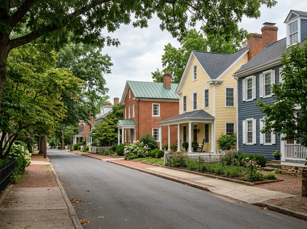 Historic neighborhood street in Winchester, VA lined with freshly painted homes