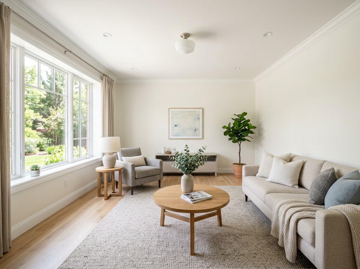 Freshly painted bright living room with neutral walls and white trim in a Purcellville, VA home