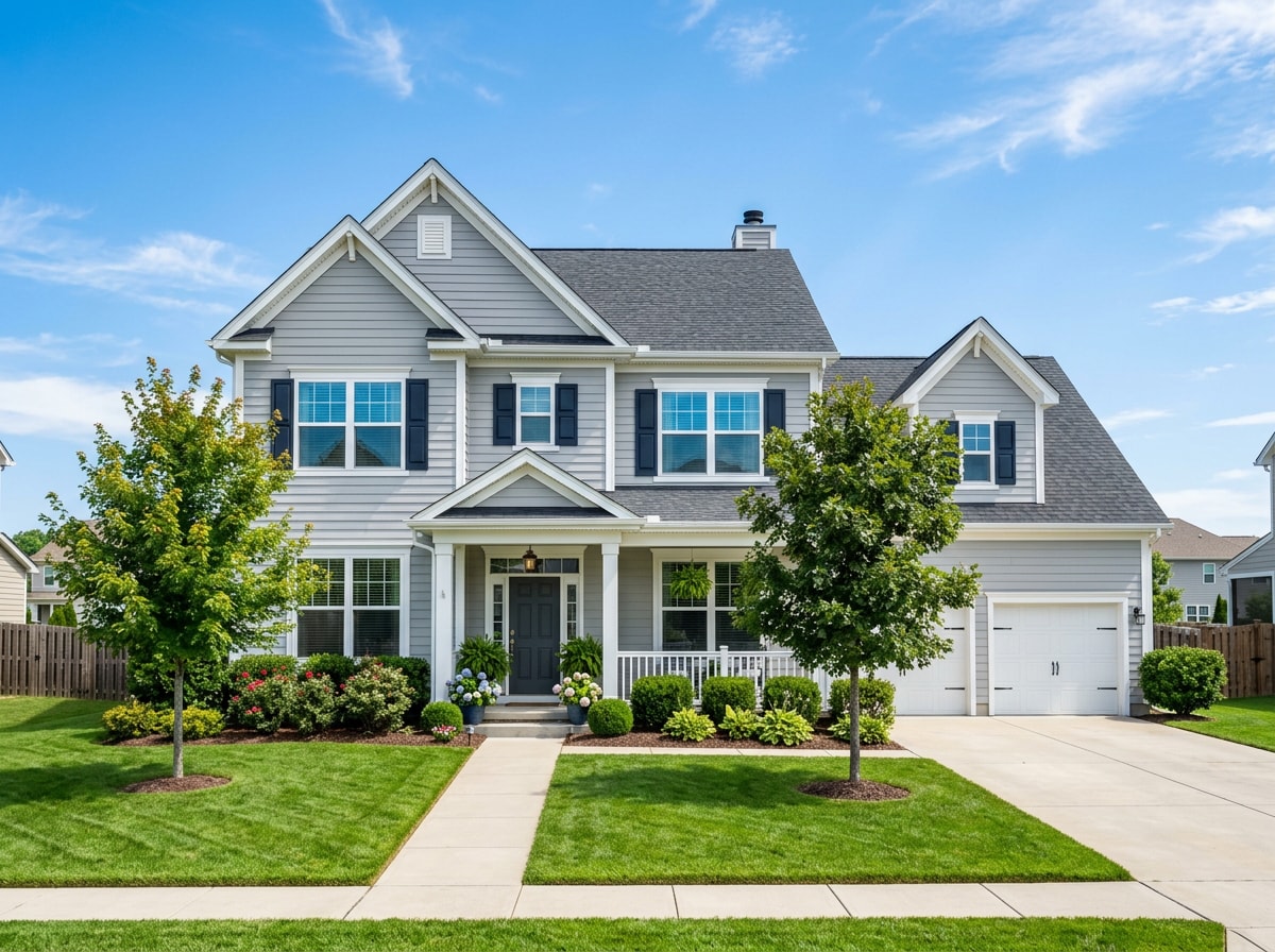 Exterior of a two-story home with a fresh vinyl siding paint job under a clear blue sky