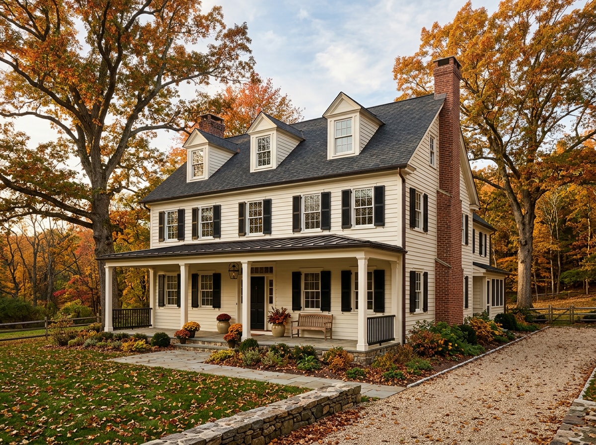Colonial-style farmhouse exterior with black shutters and cream paint surrounded by mature trees
