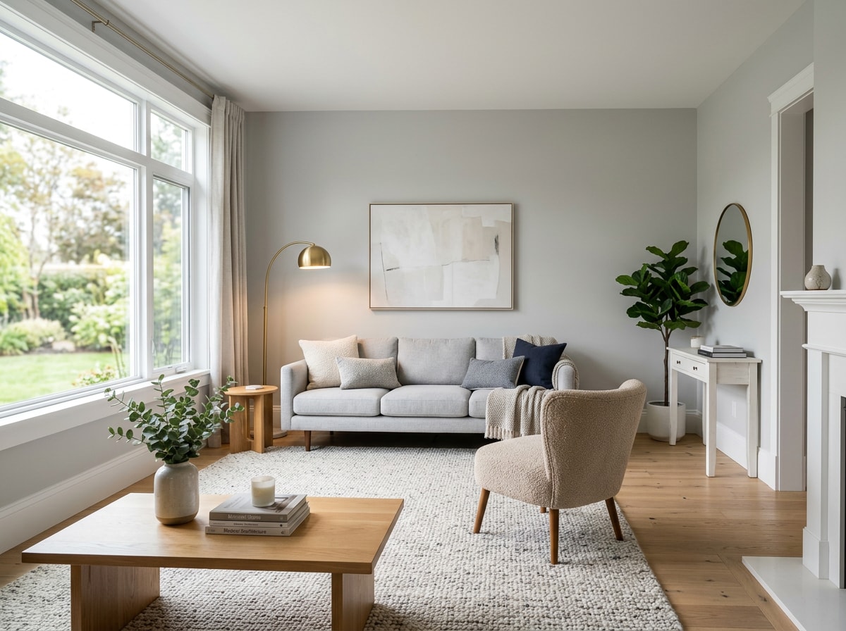 Interior living room with freshly painted walls and crisp white trim