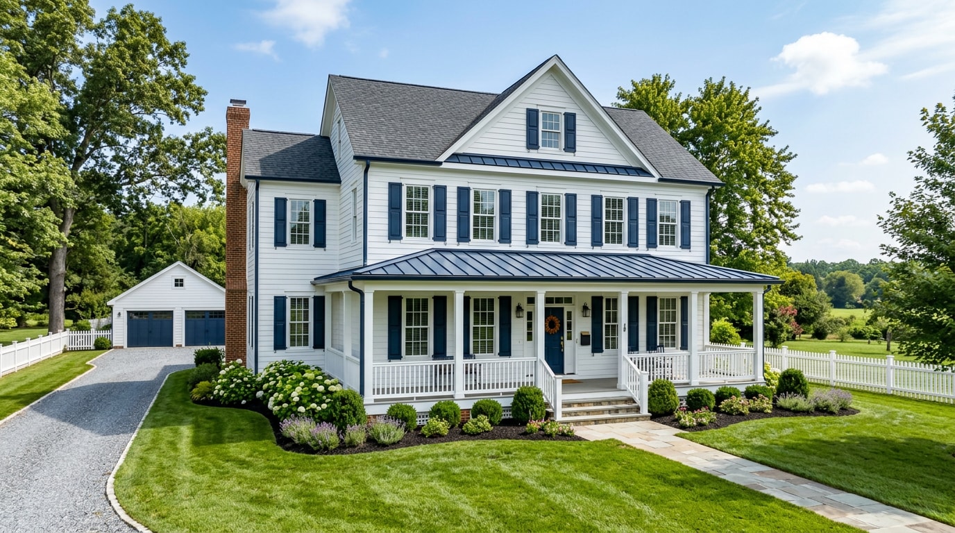 Freshly painted two-story home exterior in Purcellville, VA with white siding and navy trim Freshly painted two-story home exterior in Purcellville, VA with white siding and navy trim