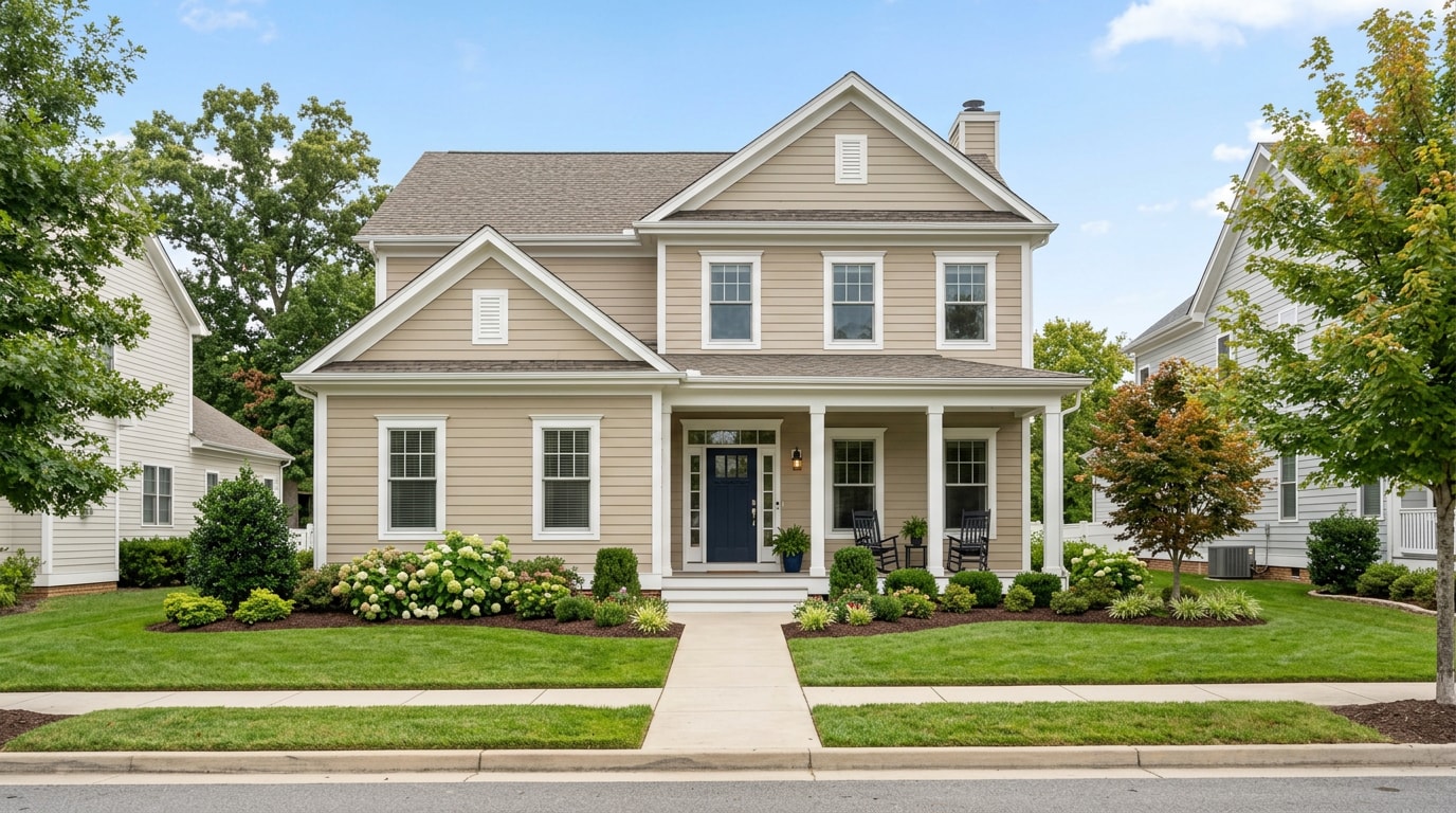 Freshly painted two-story house exterior in Strasburg, VA with neutral siding and white trim