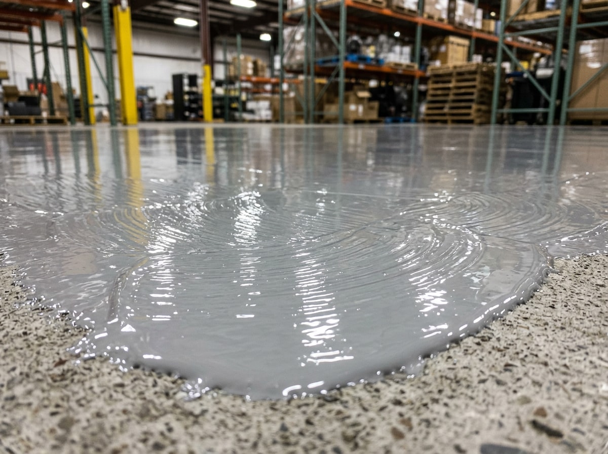 Close-up of epoxy coating application on an industrial concrete floor