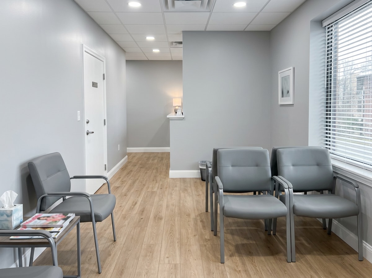 Clean, freshly painted medical office waiting room with durable semi-gloss walls