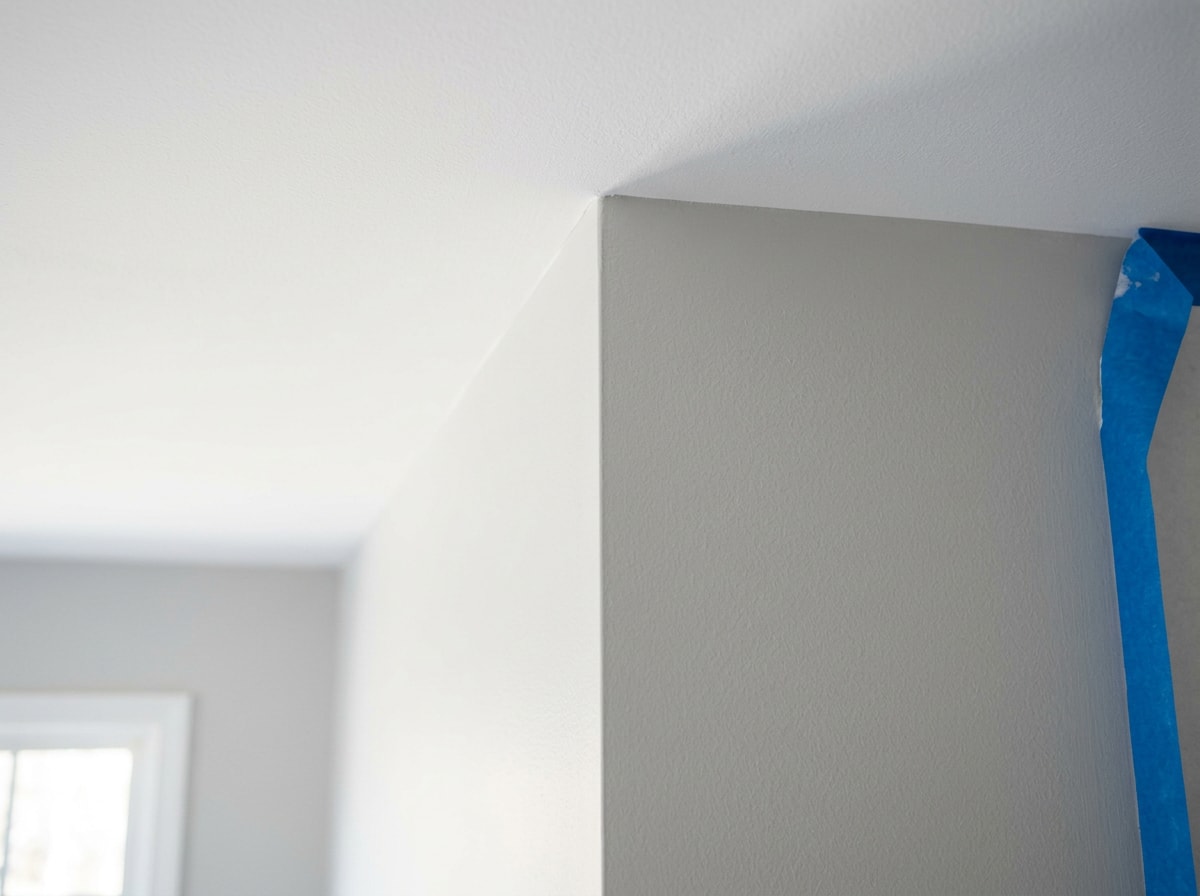 Painter cutting in trim along a ceiling line during interior repainting