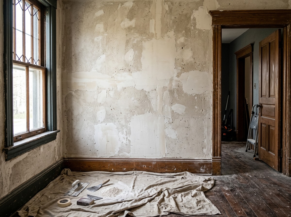 Plaster wall repair in progress before repainting an older home interior