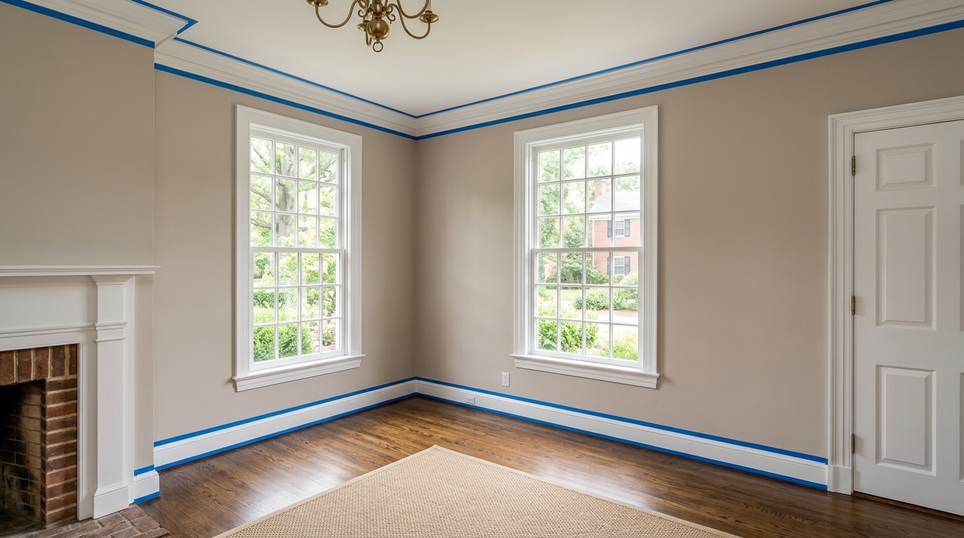 Freshly painted interior living room with neutral walls and crisp white trim in a Winchester, VA home