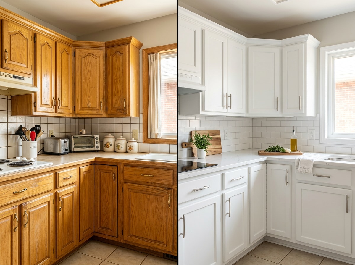 Before and after kitchen cabinet painting transformation in a Stephens City, VA home