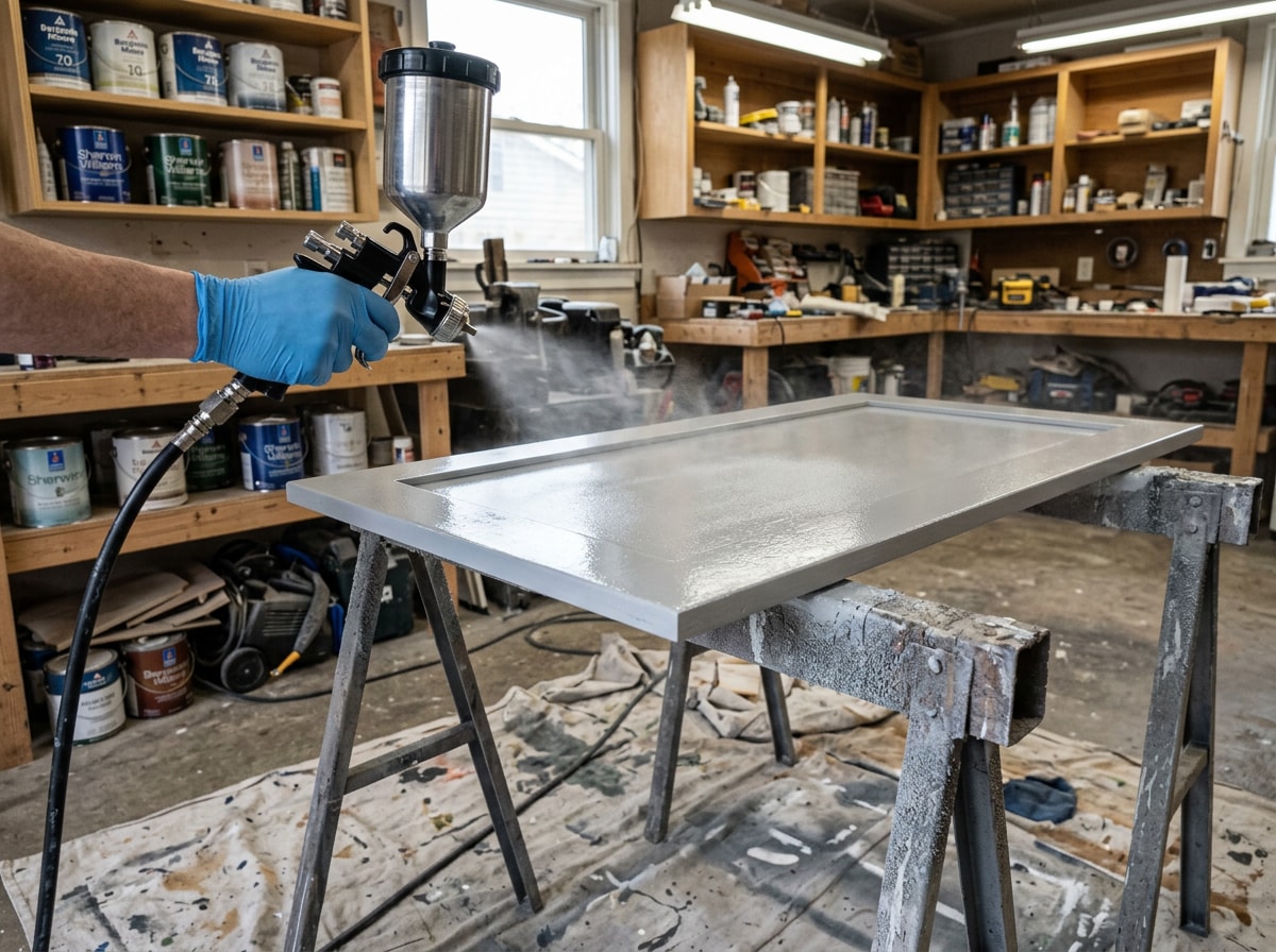 Professional cabinet painter applying a spray finish in a Stephens City kitchen