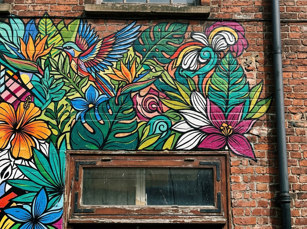 Finished exterior mural on a brick storefront wall in a historic downtown setting