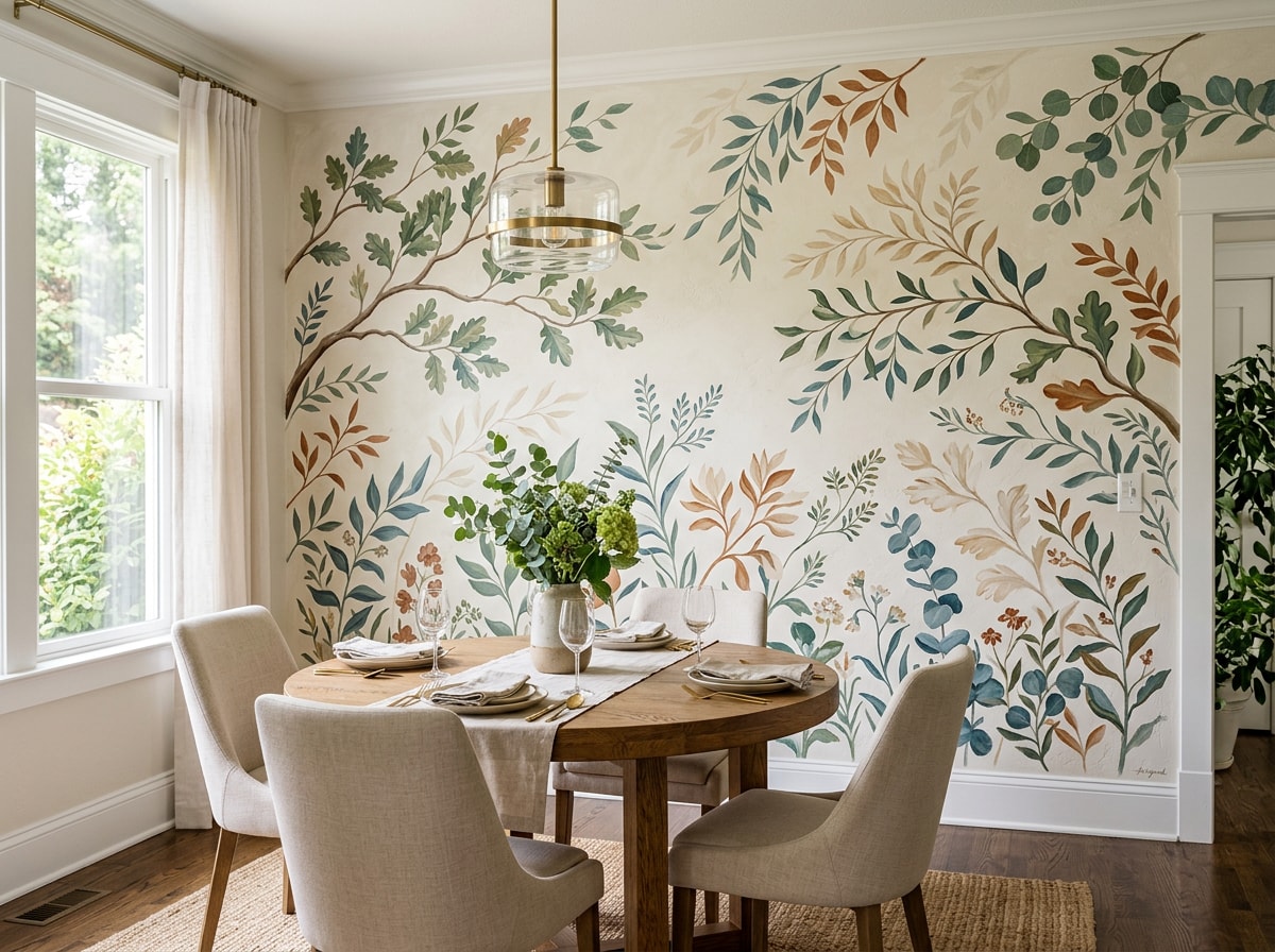 Close-up of a finished painted accent wall mural in a residential dining room