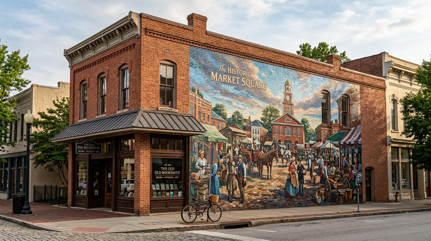 Finished hand-painted mural on an exterior brick storefront wall in a historic downtown district Finished hand-painted mural on an exterior brick storefront wall in a historic downtown district
