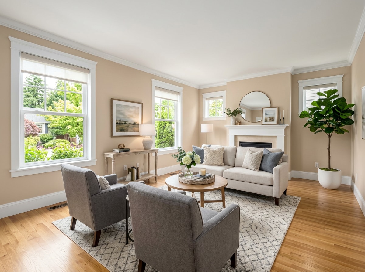 Freshly painted living room with crisp wall and trim work in a Berryville, VA home