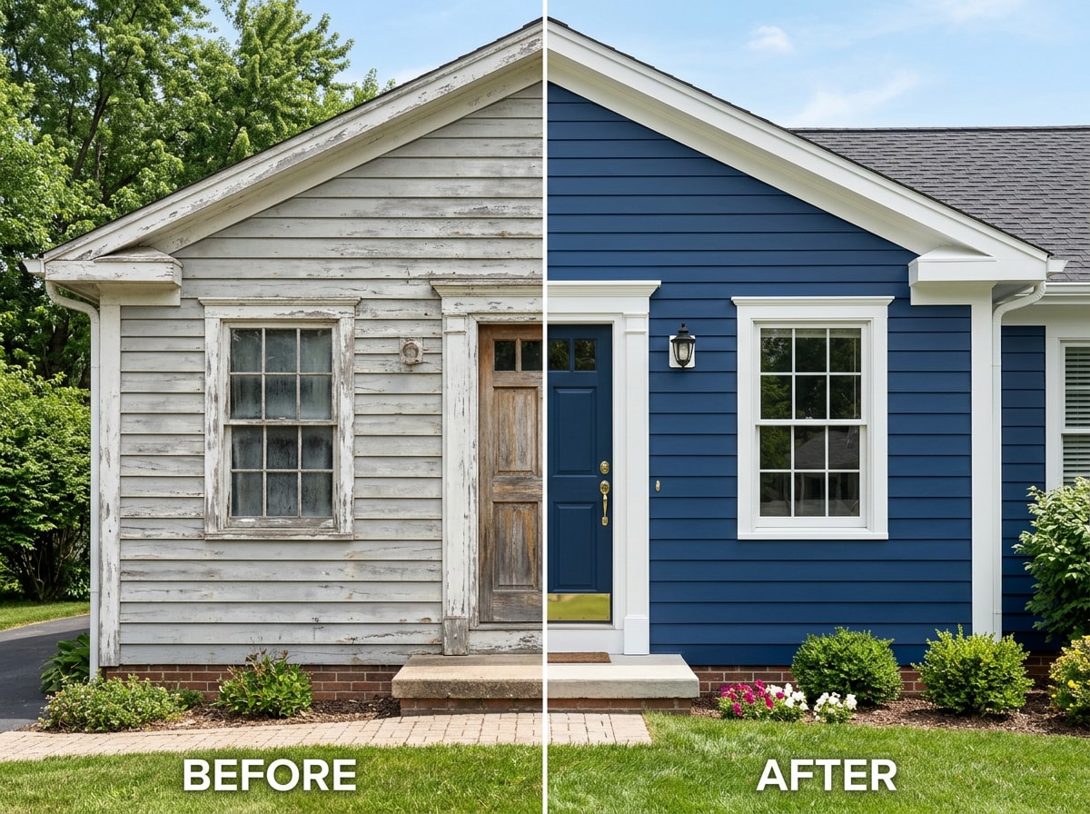 Before and after exterior repaint with fresh weatherproof paint on siding and trim in Berryville, VA