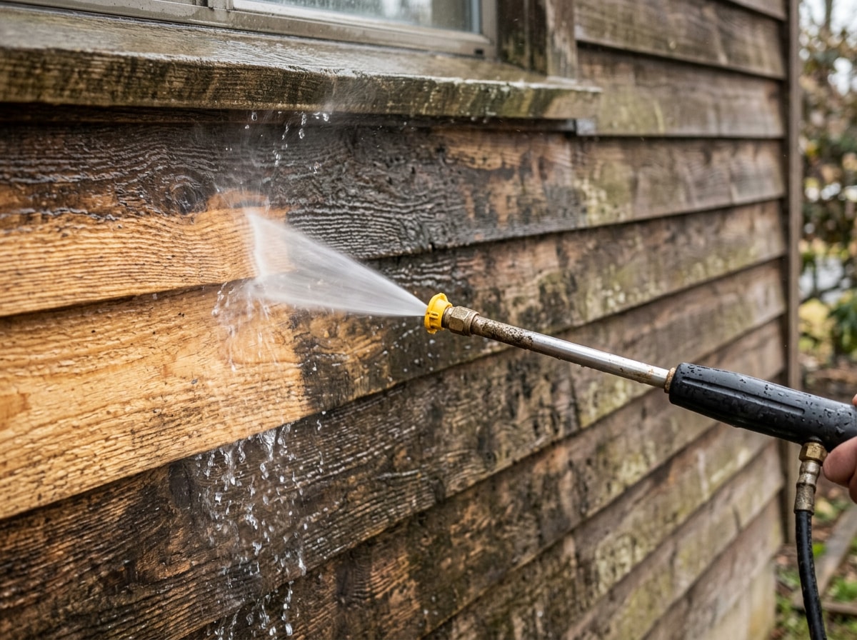 Contractor power washing and prepping exterior siding before painting