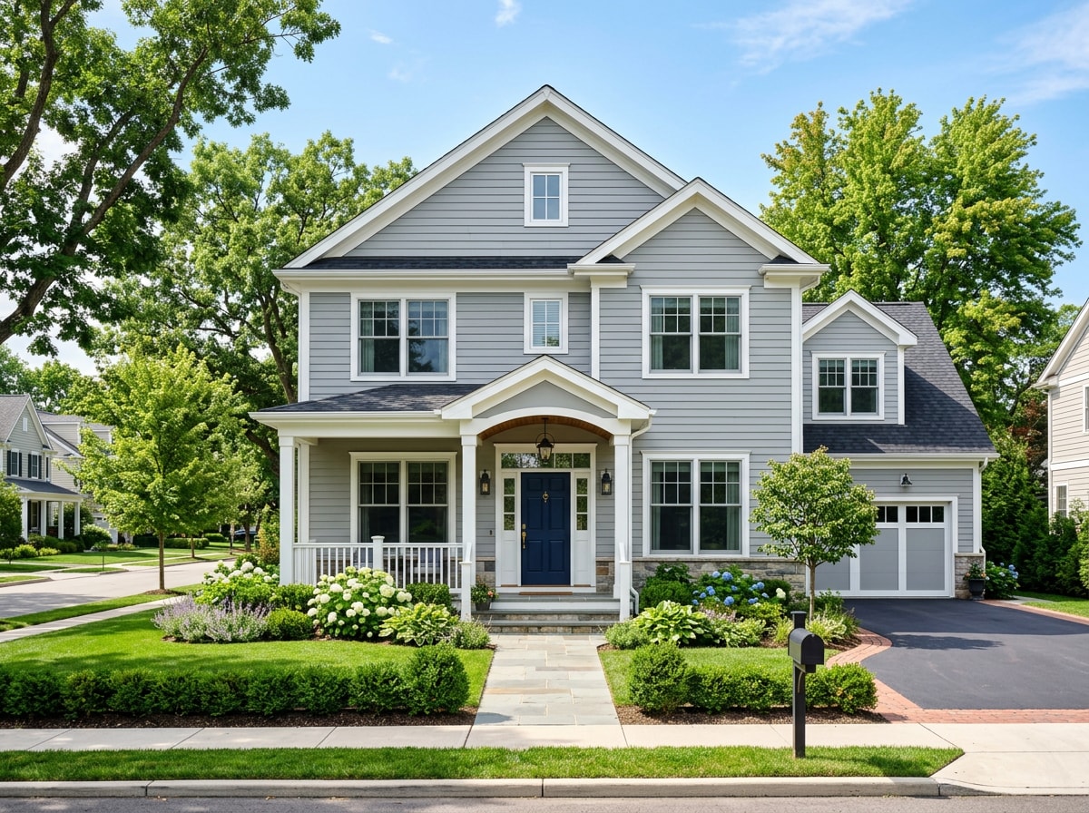 Freshly painted Front Royal home exterior in a soft gray color palette