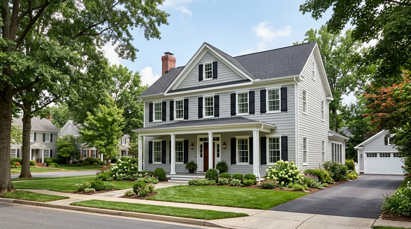 Freshly painted residential exterior with gray siding and white trim in Front Royal, VA Freshly painted residential exterior with gray siding and white trim in Front Royal, VA