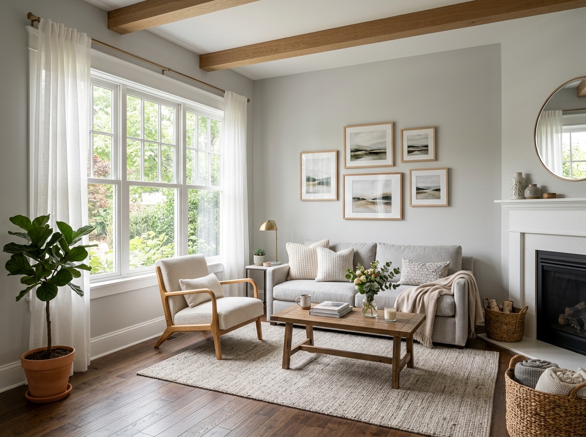 Freshly painted interior living room with eggshell walls and white trim in a Purcellville, VA home