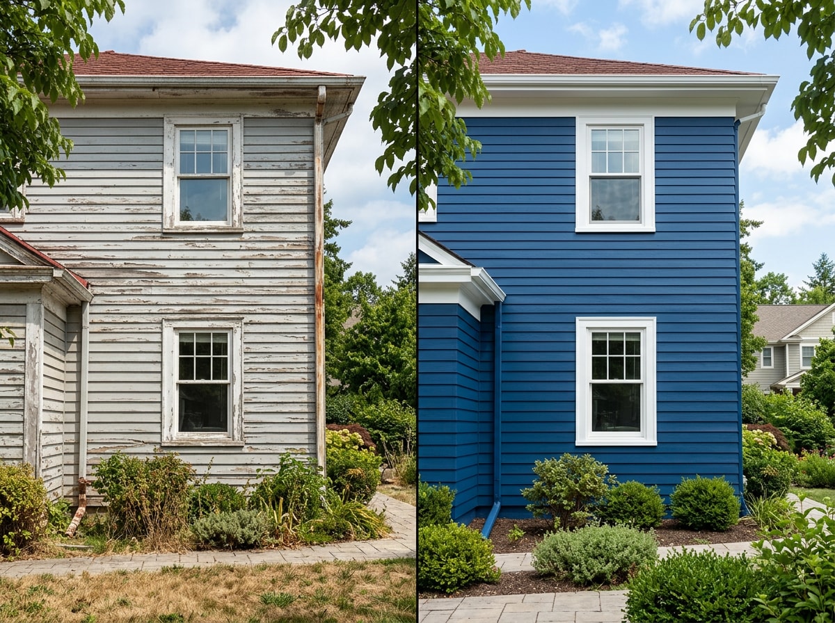 Before and after exterior house painting project showing fresh siding paint on a Purcellville, VA home