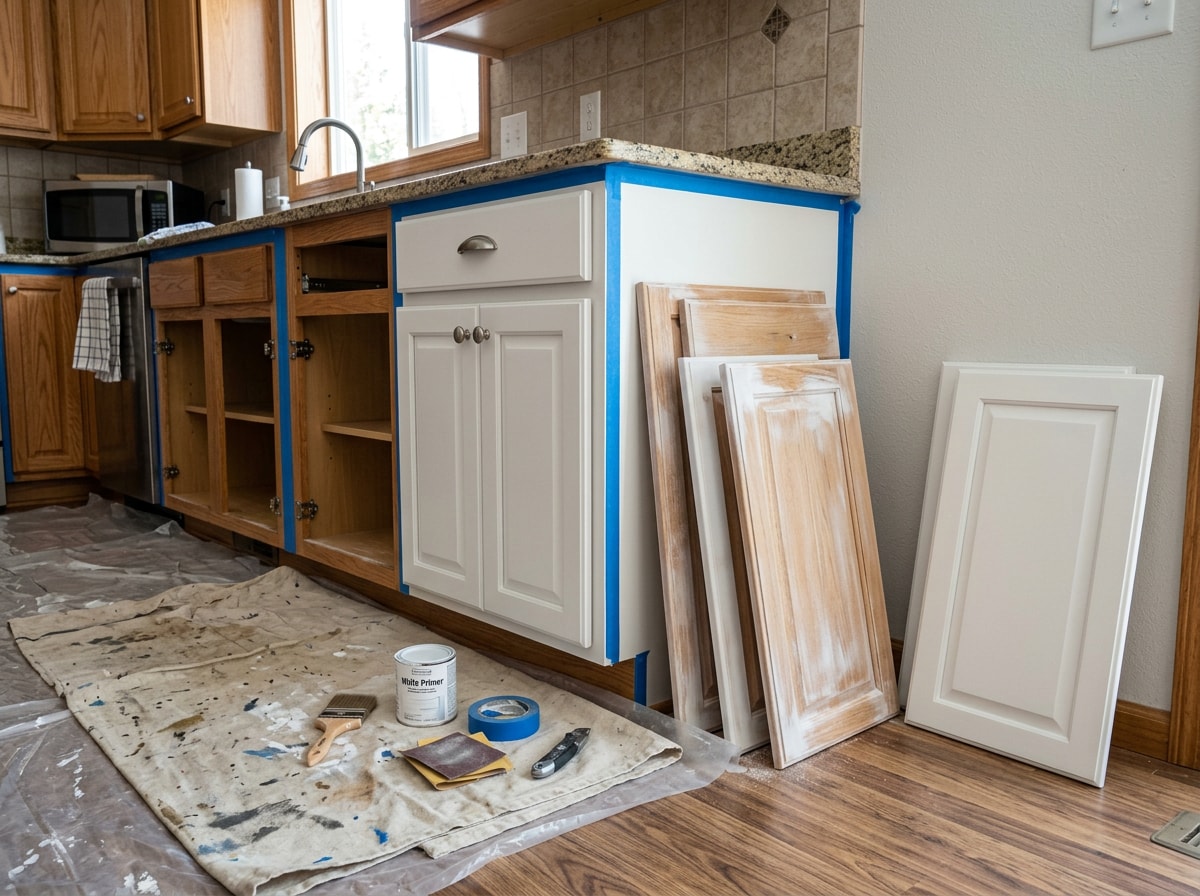 Kitchen cabinets mid-refinish showing sanded doors and a fresh painted finish in a Purcellville, VA home