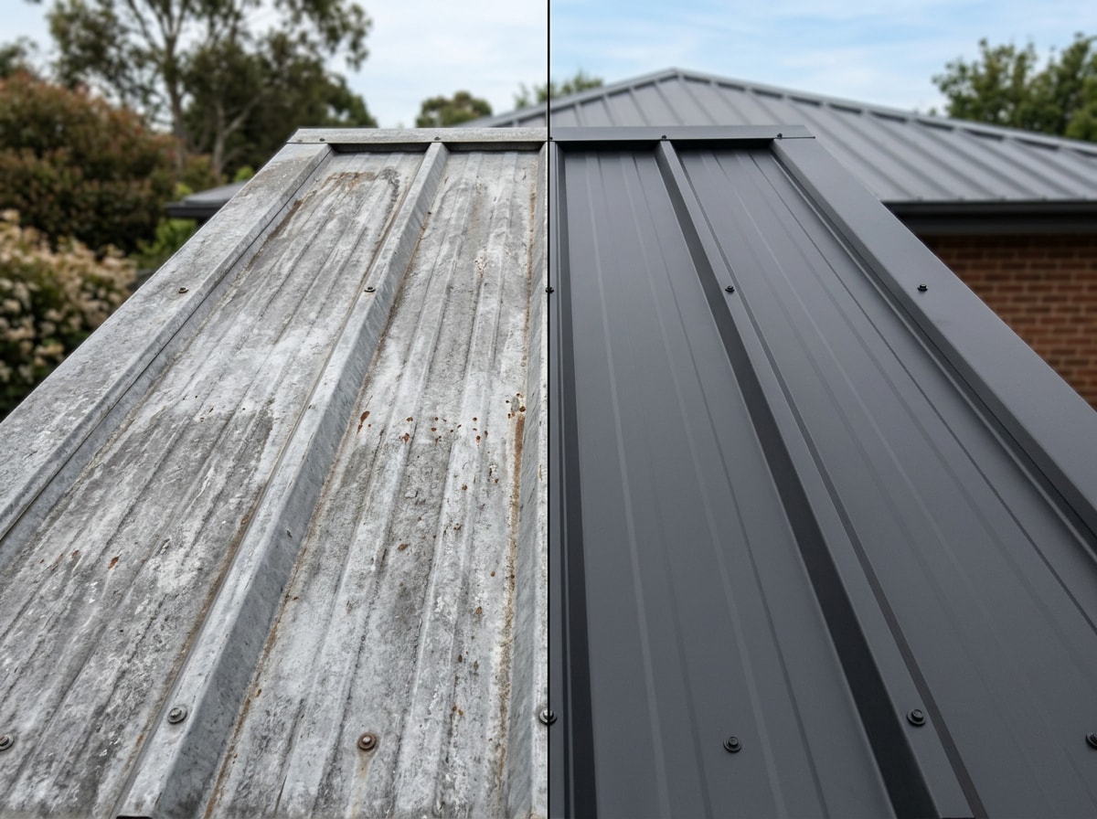 Before and after comparison of a metal roof panel freshly painted in Stephens City, VA