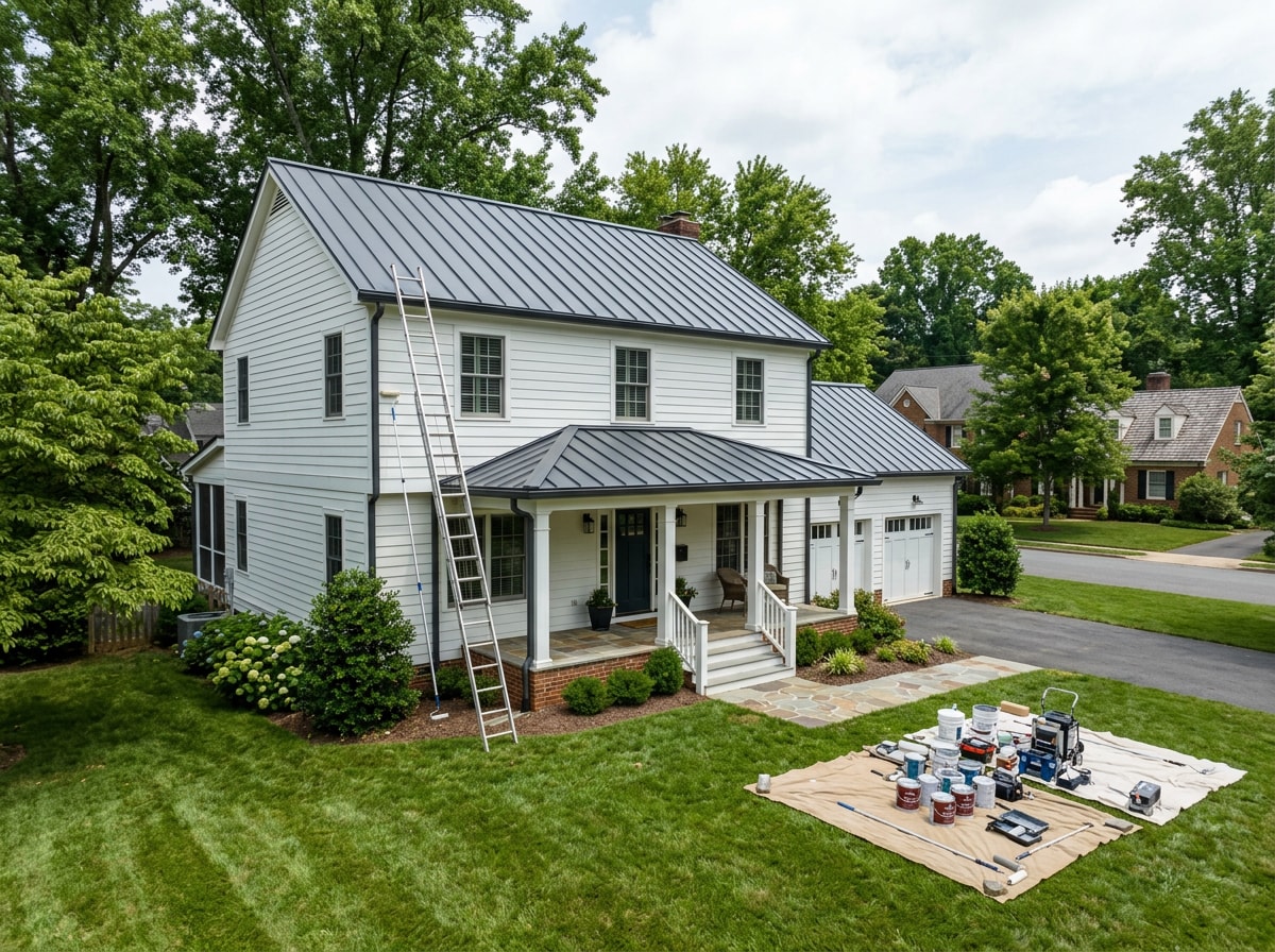 Local Stephens City, VA home with a crew painting a standing-seam metal roof