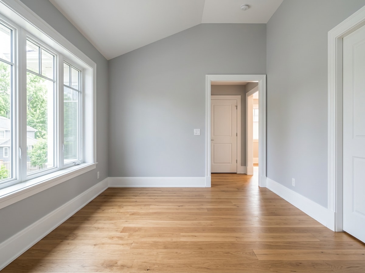 Freshly painted interior living room wall with clean trim lines in a Stephens City home