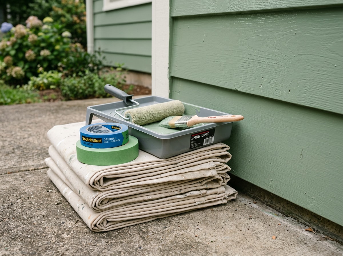 Painter's drop cloths and supplies cleared from a finished exterior siding project
