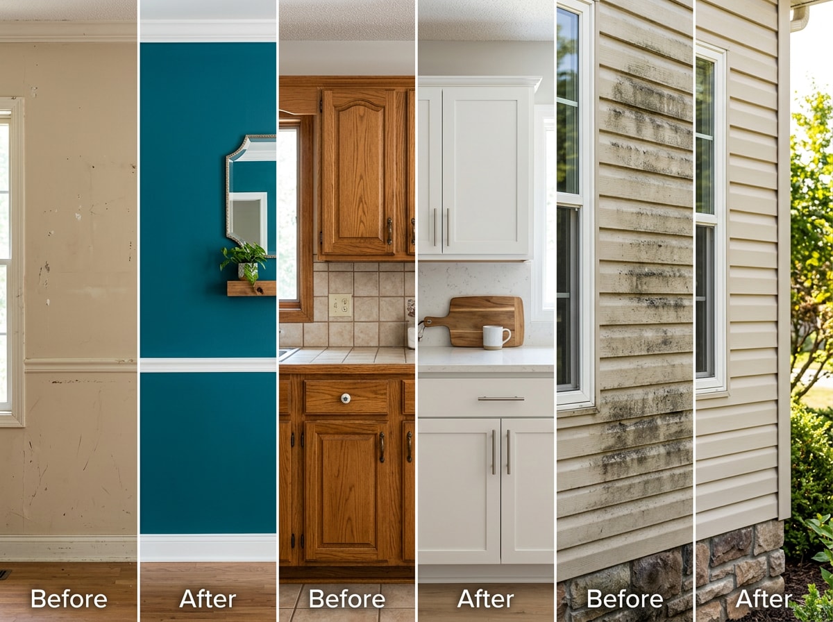 Before and after photo grid showing interior painting, cabinet refinishing, and exterior siding work on a Berryville, VA home