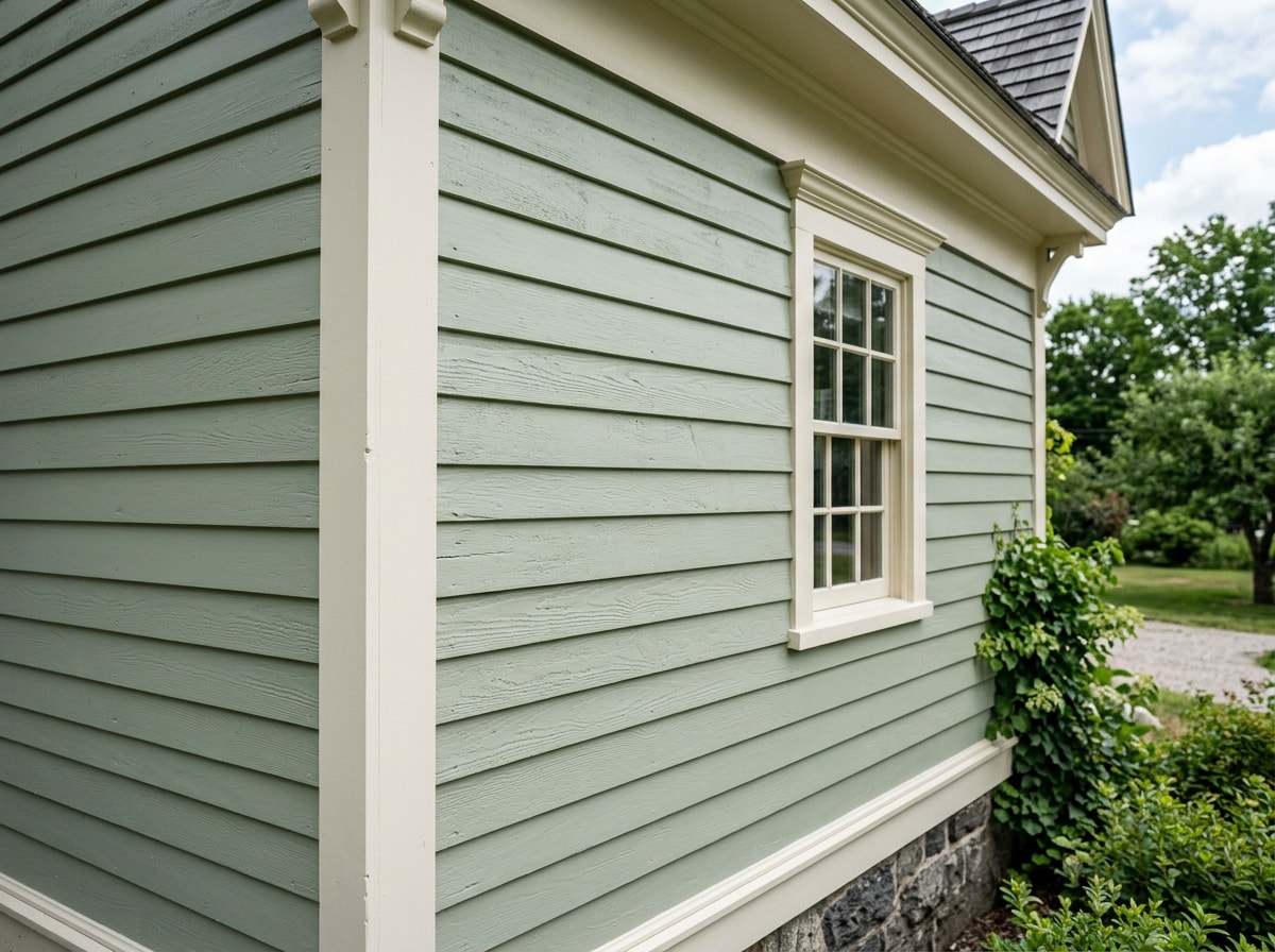 Exterior before and after photo of a historic Berryville, VA farmhouse repainted in a soft, blended color palette