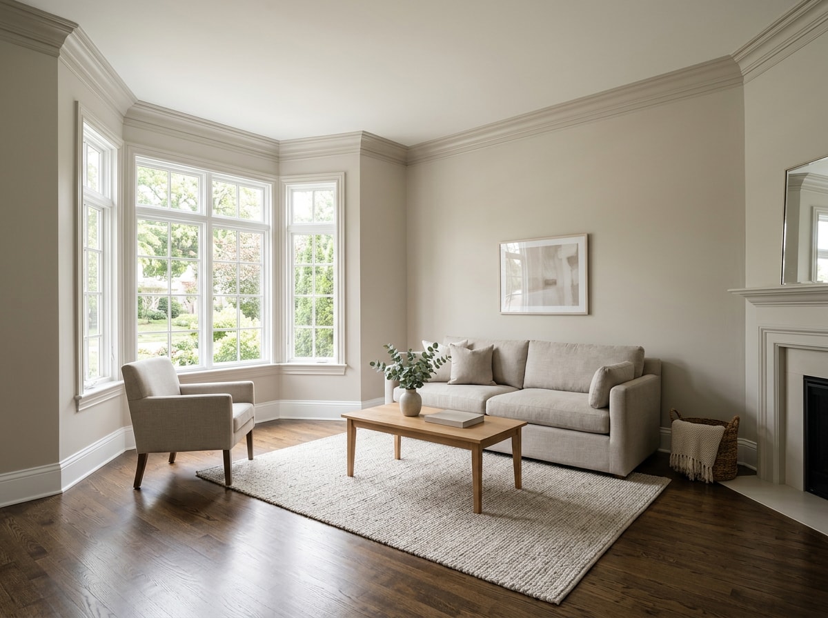 Freshly painted living room interior with soft tone-on-tone wall and trim colors in a Berryville, VA home