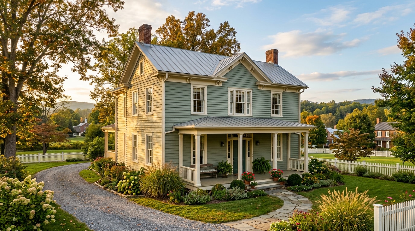 Historic Berryville, VA farmhouse exterior painted in a soft blended watercolor-style color palette