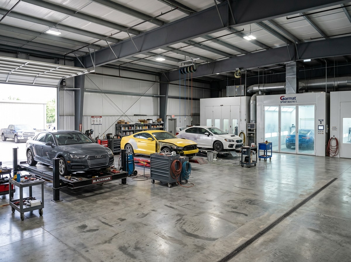 Exterior of an auto body shop with open service bays and vehicles waiting for paint work