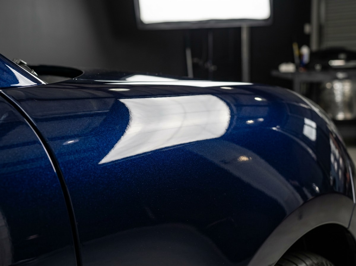 Close-up of a freshly applied automotive clear coat finish reflecting light on a car panel